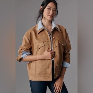 NWT Maeve Vegan Suede Trucker Jacket Medium Tan Buttons Anthropologie Oversized